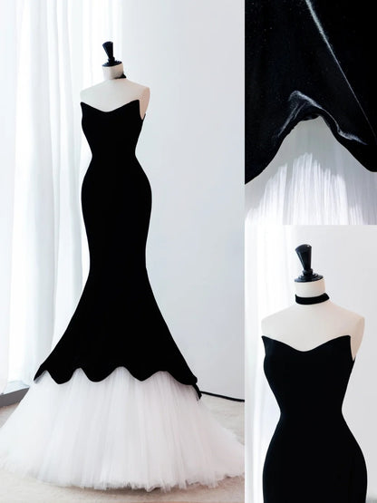 Classy Elegant Long Prom Dresses Mermaid Strapless Black Velvet White Tulle Senior Formal Dress Ideas Graduation Gown MP260