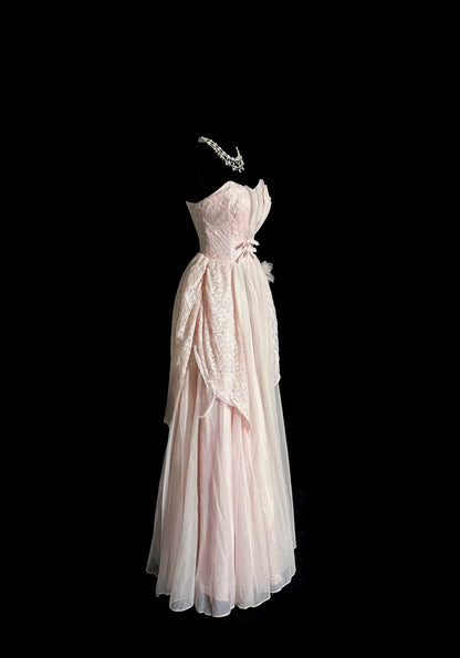 Cute A Line Sweetheart Pink Lace Sleeveless Prom Dresses Long Formal Dress Graduation Gown MP484