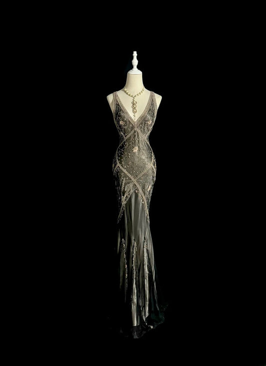 Sparkly Mermaid V Neck With Beading Sleeveless Prom Dresses Long Formal Dress Graduation Gown MP486