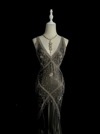 Robe de bal sirène scintillante col en V avec perles sans manches longue robe de soirée robe de graduation MP486