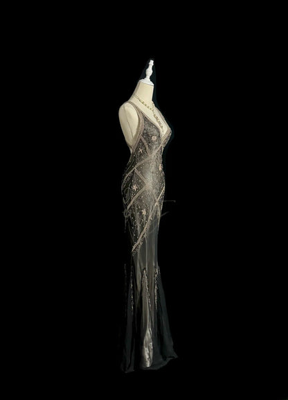 Robe de bal sirène scintillante col en V avec perles sans manches longue robe de soirée robe de graduation MP486