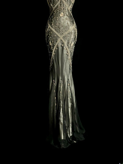 Robe de bal sirène scintillante col en V avec perles sans manches longue robe de soirée robe de graduation MP486