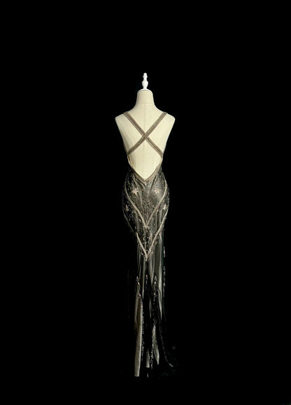 Robe de bal sirène scintillante col en V avec perles sans manches longue robe de soirée robe de graduation MP486