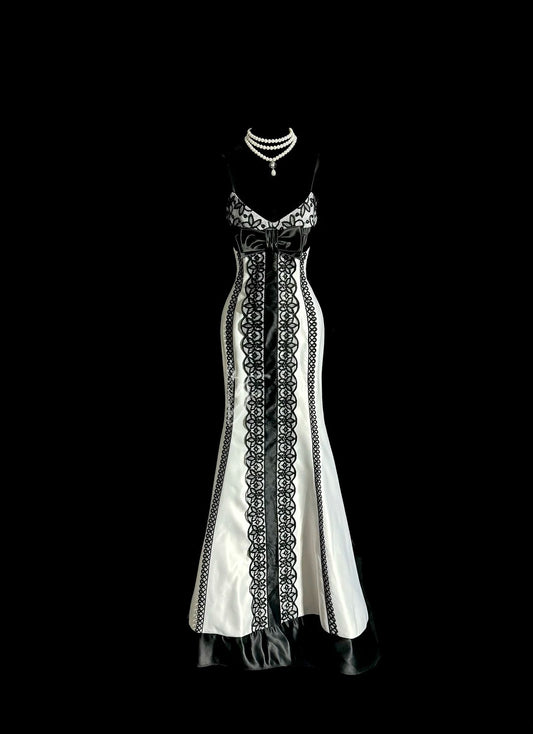 Chic Mermaid Spaghetti Straps Bow Sleeveless Prom Dresses Long Formal Dress Graduation Gown MP488