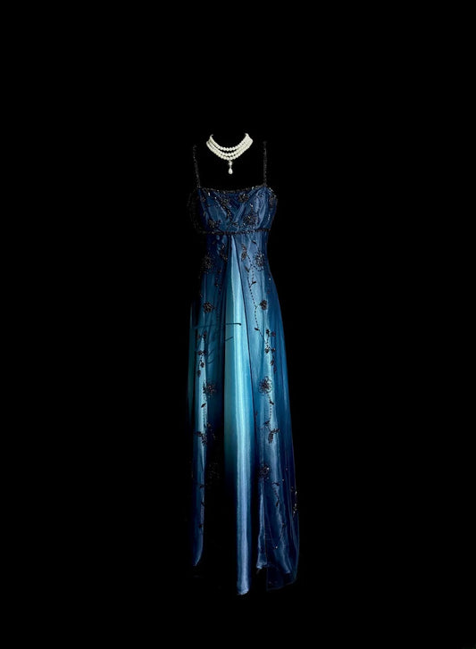 Vintage A line Spaghetti Straps Ombre Blue Satin Sleeveless Prom Dresses Long Formal Dress Graduation Gown MP489