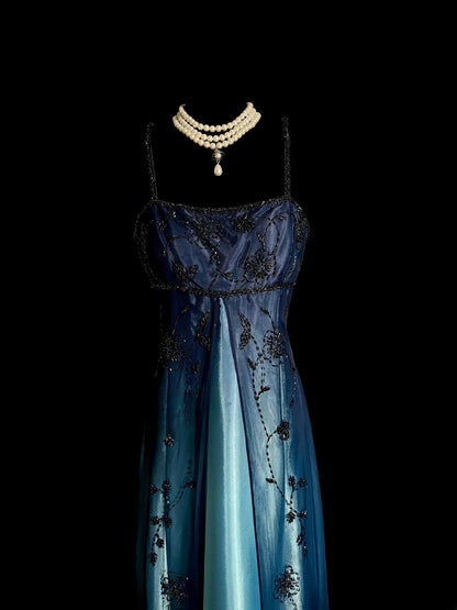 Vintage A-Linie Spaghettiträger Ombre Blau Satin Ärmelloses Ballkleid Langes Abendkleid Abschlussballkleid MP489