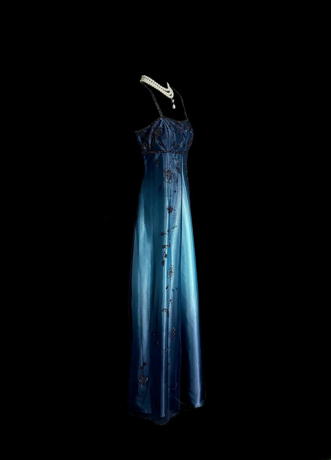 Vintage A-Linie Spaghettiträger Ombre Blau Satin Ärmelloses Ballkleid Langes Abendkleid Abschlussballkleid MP489