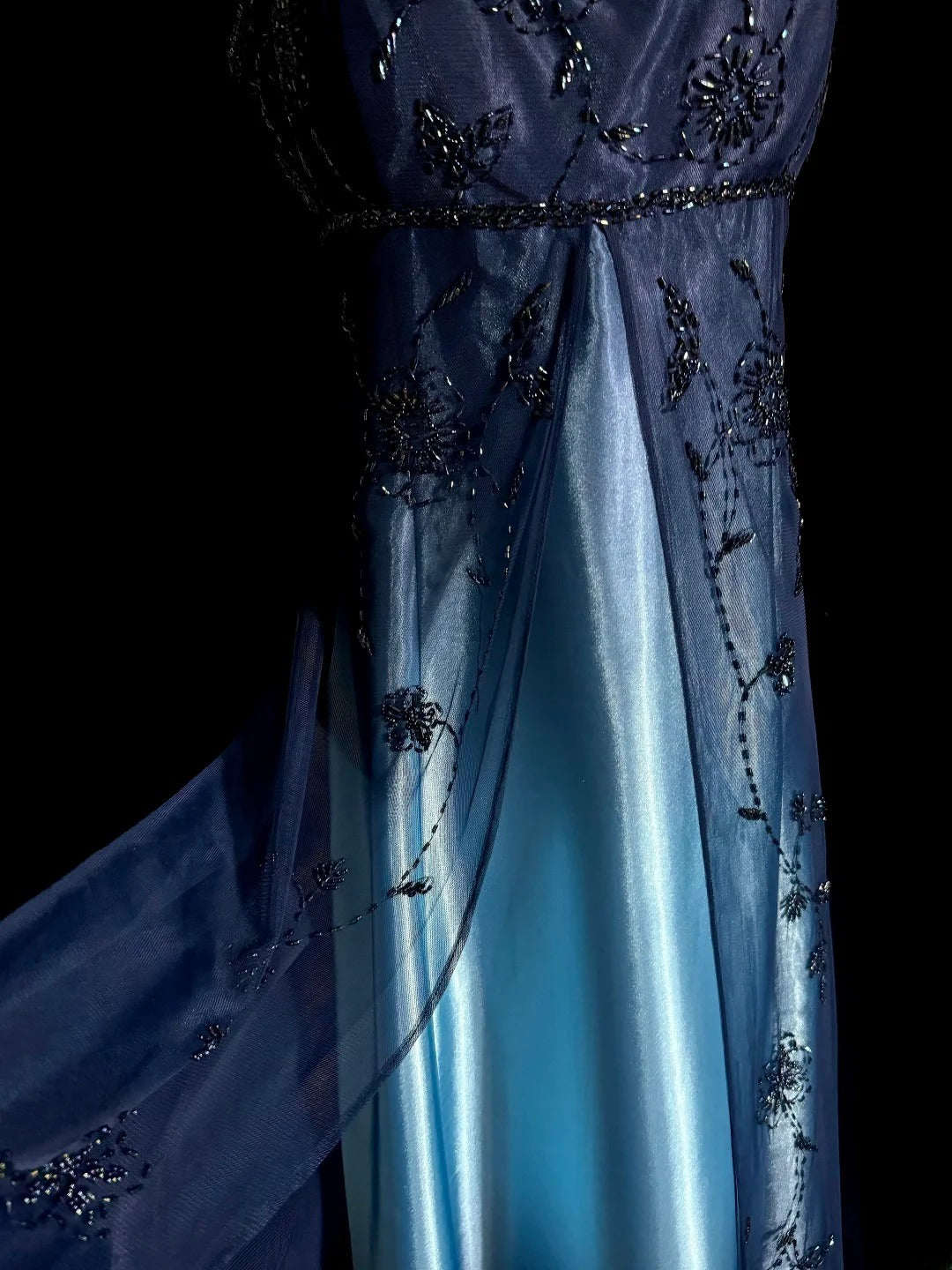 Vintage A-Linie Spaghettiträger Ombre Blau Satin Ärmelloses Ballkleid Langes Abendkleid Abschlussballkleid MP489