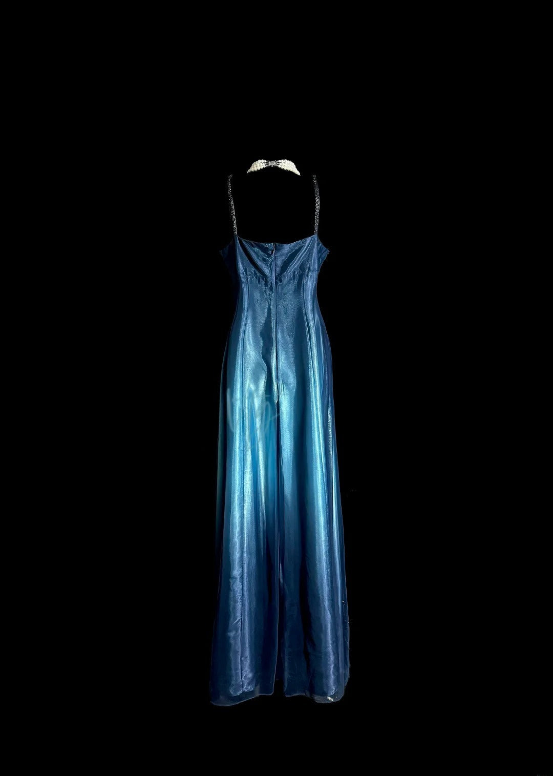 Vintage A-Linie Spaghettiträger Ombre Blau Satin Ärmelloses Ballkleid Langes Abendkleid Abschlussballkleid MP489