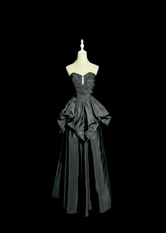 Charming A Line Sweetheart Black Satin Sleeveless Prom Dresses Long Formal Dress Graduation Gown MP490