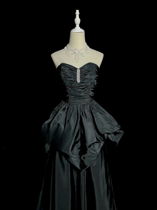 Charming A Line Sweetheart Black Satin Sleeveless Prom Dresses Long Formal Dress Graduation Gown MP490