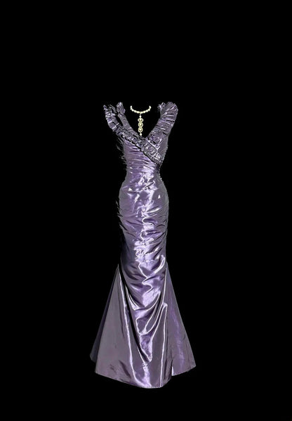 Charming Mermaid V Neck Purple With Pleated Sleeveless Prom Dresses Long Formal Dress Graduation Gown MP493