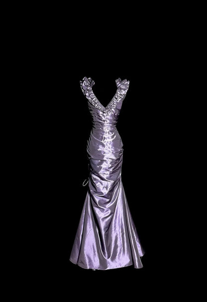 Charming Mermaid V Neck Purple With Pleated Sleeveless Prom Dresses Long Formal Dress Graduation Gown MP493