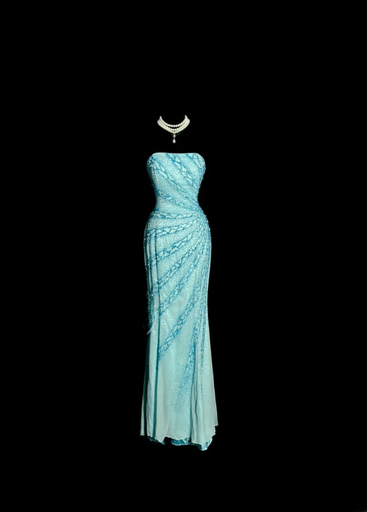 Modest Mermaid Strapless Blue With Pleated Beading Sleeveless Prom Dresses Long Formal Dress Graduation Gown MP495