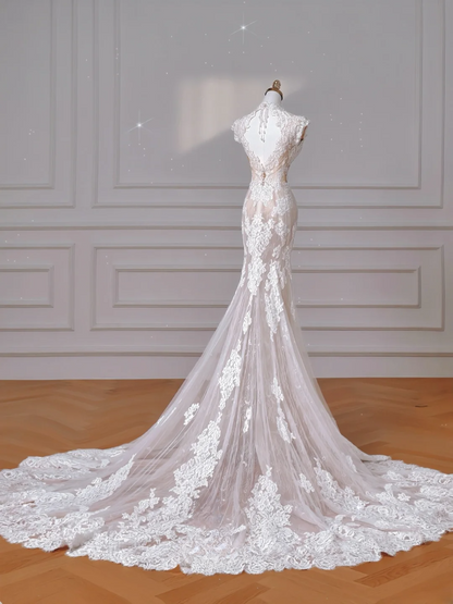 Zeitlose Meerjungfrau Hochgeschlossene Rückenausschnitt Brautkleider mit Flügelärmeln aus Spitze im Boho-Stil MP001