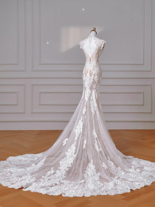 Zeitlose Meerjungfrau Hochgeschlossene Rückenausschnitt Brautkleider mit Flügelärmeln aus Spitze im Boho-Stil MP001