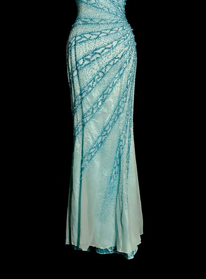 Bescheidene Meerjungfrau Trägerlos Blau mit plissierten Perlen ärmellose Ballkleider Lange Abendkleid Abschlusskleid MP495