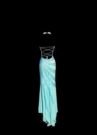 Bescheidene Meerjungfrau Trägerlos Blau mit plissierten Perlen ärmellose Ballkleider Lange Abendkleid Abschlusskleid MP495