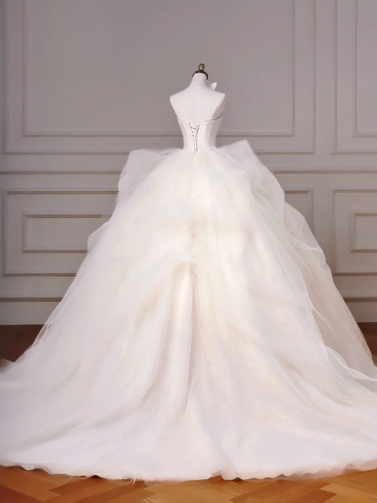 Zeitloses Ballkleid, trägerlos, aus Satin, ärmellos, mit Schleife, Prinzessinnen-Brautkleider MP002