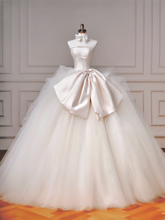Zeitloses Ballkleid, trägerlos, aus Satin, ärmellos, mit Schleife, Prinzessinnen-Brautkleider MP002