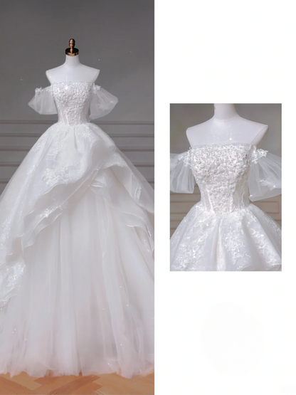 Robe De Bal Intemporelle Épaules Dénudées Manches Courtes En Dentelle Et Tulle Avec Appliques Robes De Mariée Princesse MP003