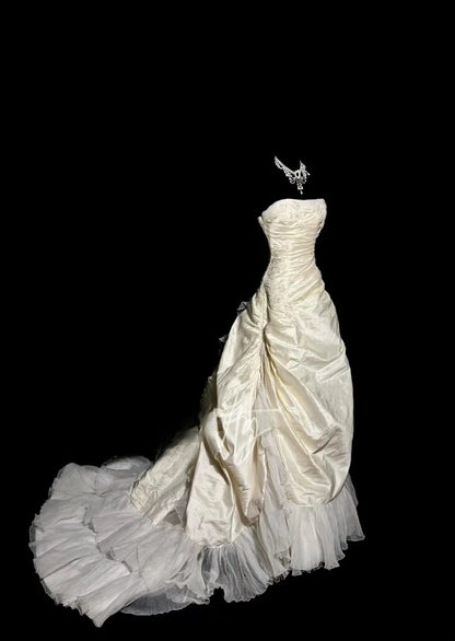 Vintage Ballkleid Trägerlos 70er Jahre Taft Elfenbein mit Applikationen Gartenprinzessin Brautkleider Hochzeitskleider MP498