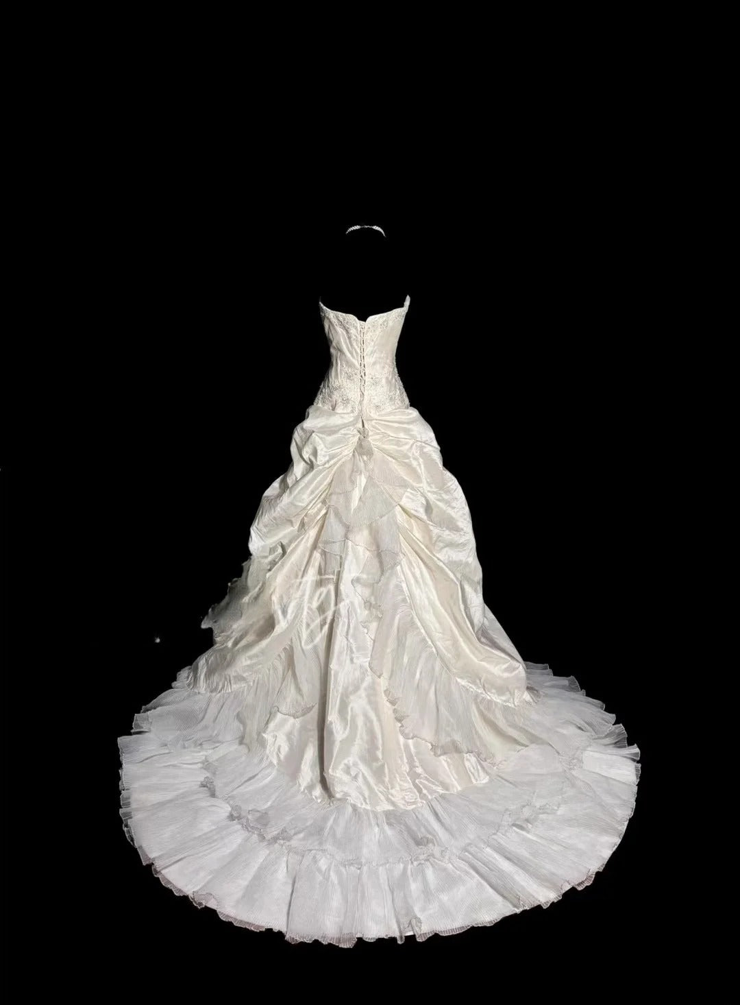 Vintage Ballkleid Trägerlos 70er Jahre Taft Elfenbein mit Applikationen Gartenprinzessin Brautkleider Hochzeitskleider MP498