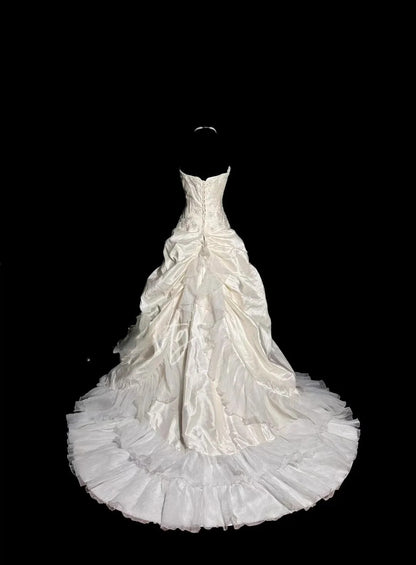 Vintage Ballkleid Trägerlos 70er Jahre Taft Elfenbein mit Applikationen Gartenprinzessin Brautkleider Hochzeitskleider MP498