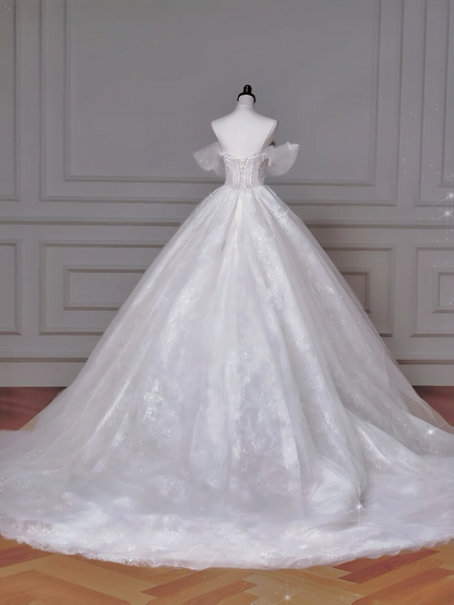 Robe De Bal Intemporelle Épaules Dénudées Manches Courtes En Dentelle Et Tulle Avec Appliques Robes De Mariée Princesse MP003