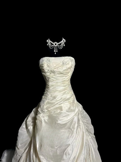 Vintage Ballkleid Trägerlos 70er Jahre Taft Elfenbein mit Applikationen Gartenprinzessin Brautkleider Hochzeitskleider MP498