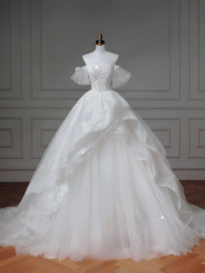 Robe De Bal Intemporelle Épaules Dénudées Manches Courtes En Dentelle Et Tulle Avec Appliques Robes De Mariée Princesse MP003