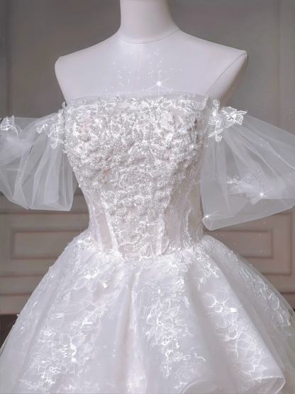 Robe De Bal Intemporelle Épaules Dénudées Manches Courtes En Dentelle Et Tulle Avec Appliques Robes De Mariée Princesse MP003