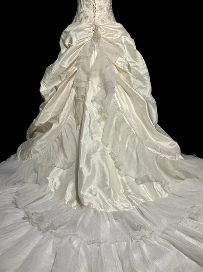 Vintage Ballkleid Trägerlos 70er Jahre Taft Elfenbein mit Applikationen Gartenprinzessin Brautkleider Hochzeitskleider MP498
