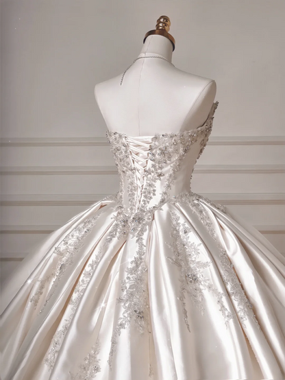 Timeless Ball Gown Strapless Ivory Satin Lace Tulle With Appliques Princess Wedding Dresses MP004