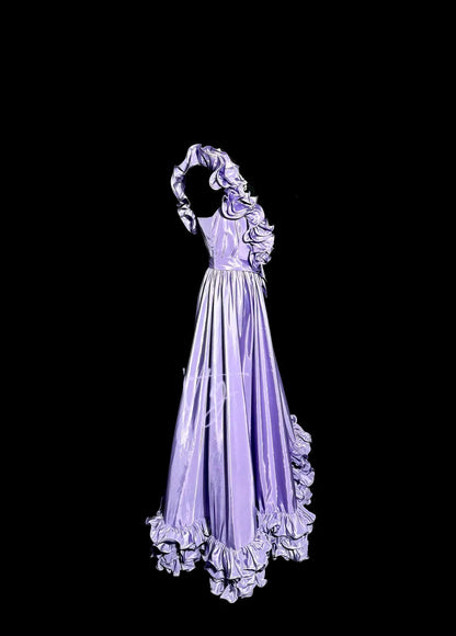 Modest A line One Shoulder Lilac Satin With Ruffles Sleeveless Prom Dresses Long Formal Dress Graduation Gown MP499