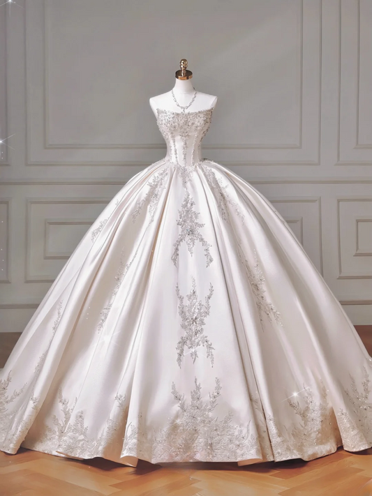 Zeitloses Ballkleid Trägerlos Elfenbeinfarben Satin Spitze Tüll Mit Applikationen Prinzessin Brautkleider MP004