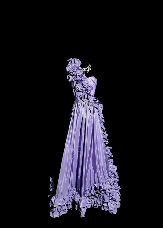 Modest A line One Shoulder Lilac Satin With Ruffles Sleeveless Prom Dresses Long Formal Dress Graduation Gown MP499