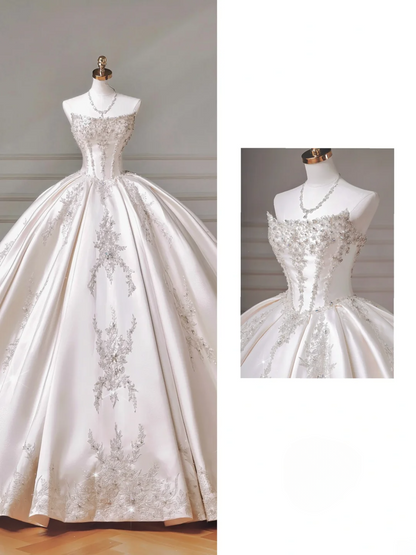 Timeless Ball Gown Strapless Ivory Satin Lace Tulle With Appliques Princess Wedding Dresses MP004