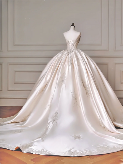 Timeless Ball Gown Strapless Ivory Satin Lace Tulle With Appliques Princess Wedding Dresses MP004