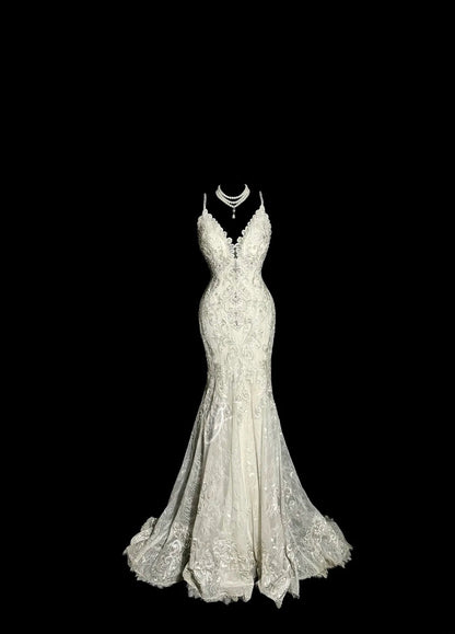 Elegantes Meerjungfrau-Brautkleid Elfenbein mit Spaghettiträgern und Applikationen Gartenprinzessin Hochzeitskleider MP500