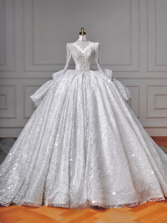 Zeitloses Ballkleid mit hohem Kragen, Pailletten, Spitze, Tüll und Perlenstickerei – Prinzessinnen-Hochzeitskleider MP005
