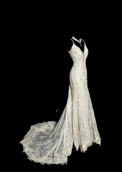Elegantes Meerjungfrau-Brautkleid Elfenbein mit Spaghettiträgern und Applikationen Gartenprinzessin Hochzeitskleider MP500