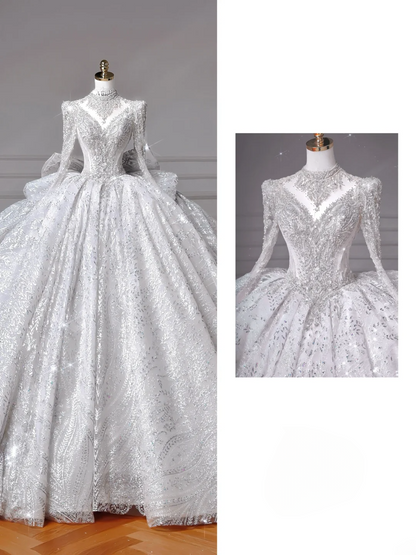 Timeless Ball Gown High Neck Sequin Lace Tulle With Beading Princess Wedding Dresses MP005
