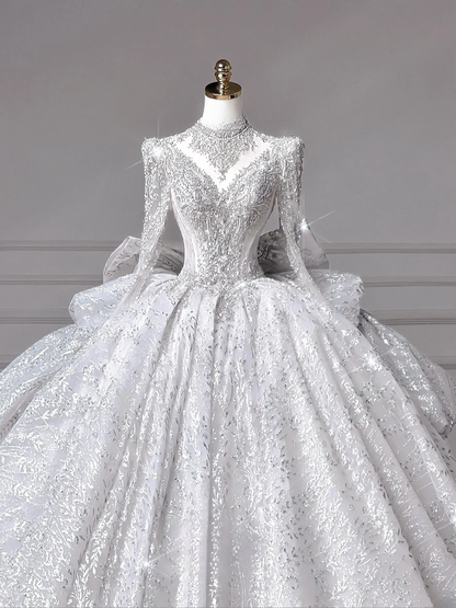 Timeless Ball Gown High Neck Sequin Lace Tulle With Beading Princess Wedding Dresses MP005