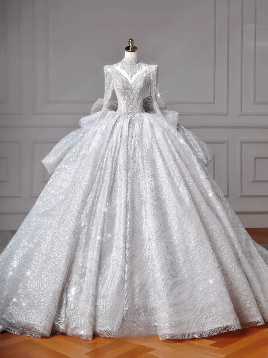 Zeitloses Ballkleid mit hohem Kragen, Pailletten, Spitze, Tüll und Perlenstickerei – Prinzessinnen-Hochzeitskleider MP005