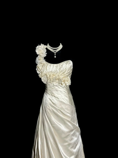 Elegant Mermaid One Shoulder Ivory With Flowers Garden Princess Bridal Gowns Wedding Dresses MP501
