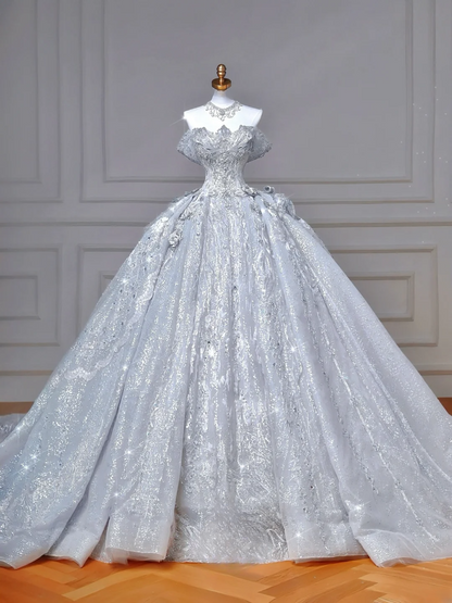 Timeless Ball Gown Off The Shoulder Light Blue Sequin Lace With Beaded Bodice Princess Wedding Dresses MP006
