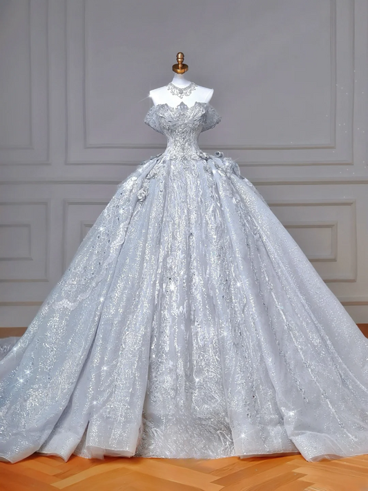 Zeitloses Ballkleid, schulterfrei, hellblau, Pailletten und Spitze, mit besticktem Oberteil, Prinzessinnen-Hochzeitskleid MP006