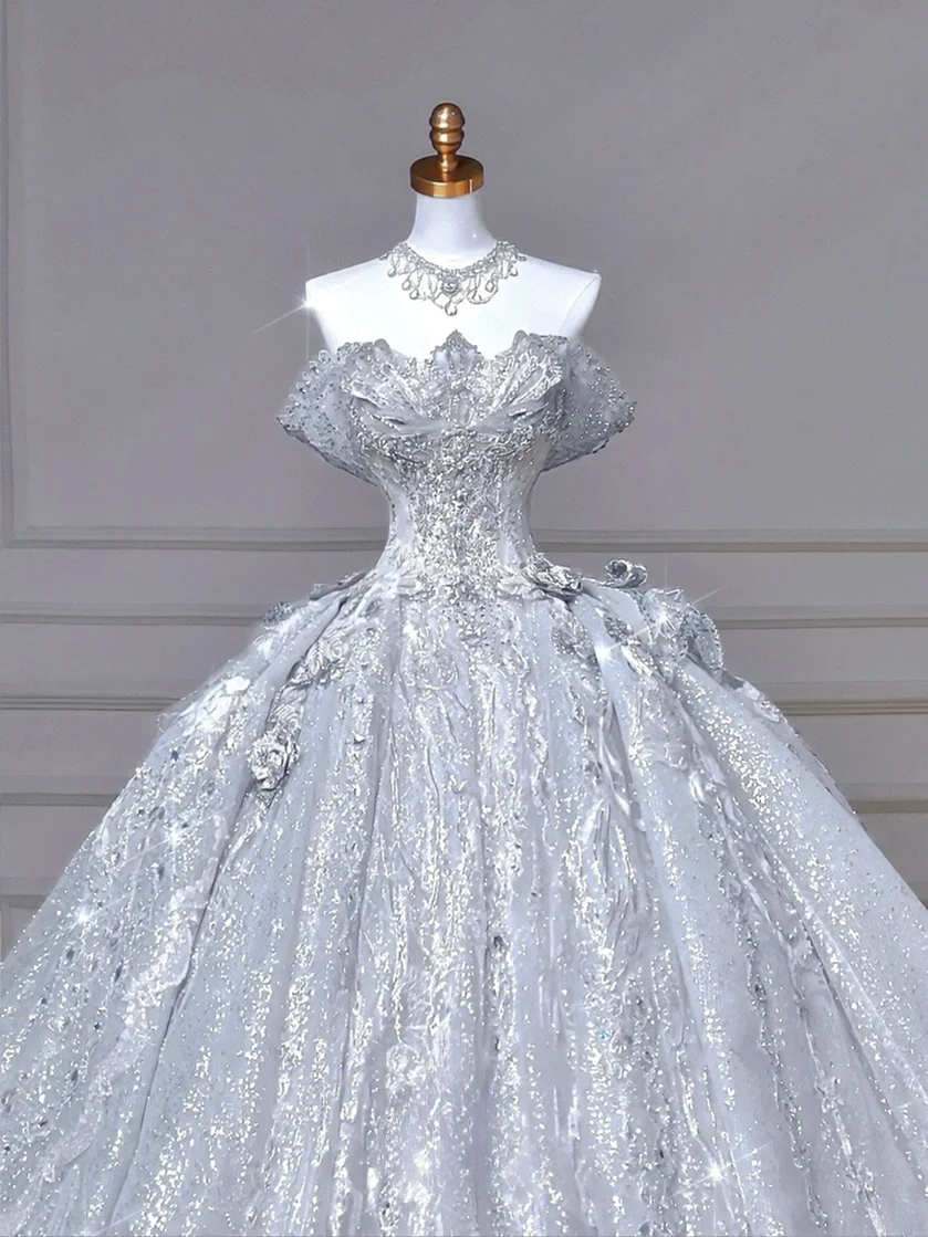 Timeless Ball Gown Off The Shoulder Light Blue Sequin Lace With Beaded Bodice Princess Wedding Dresses MP006