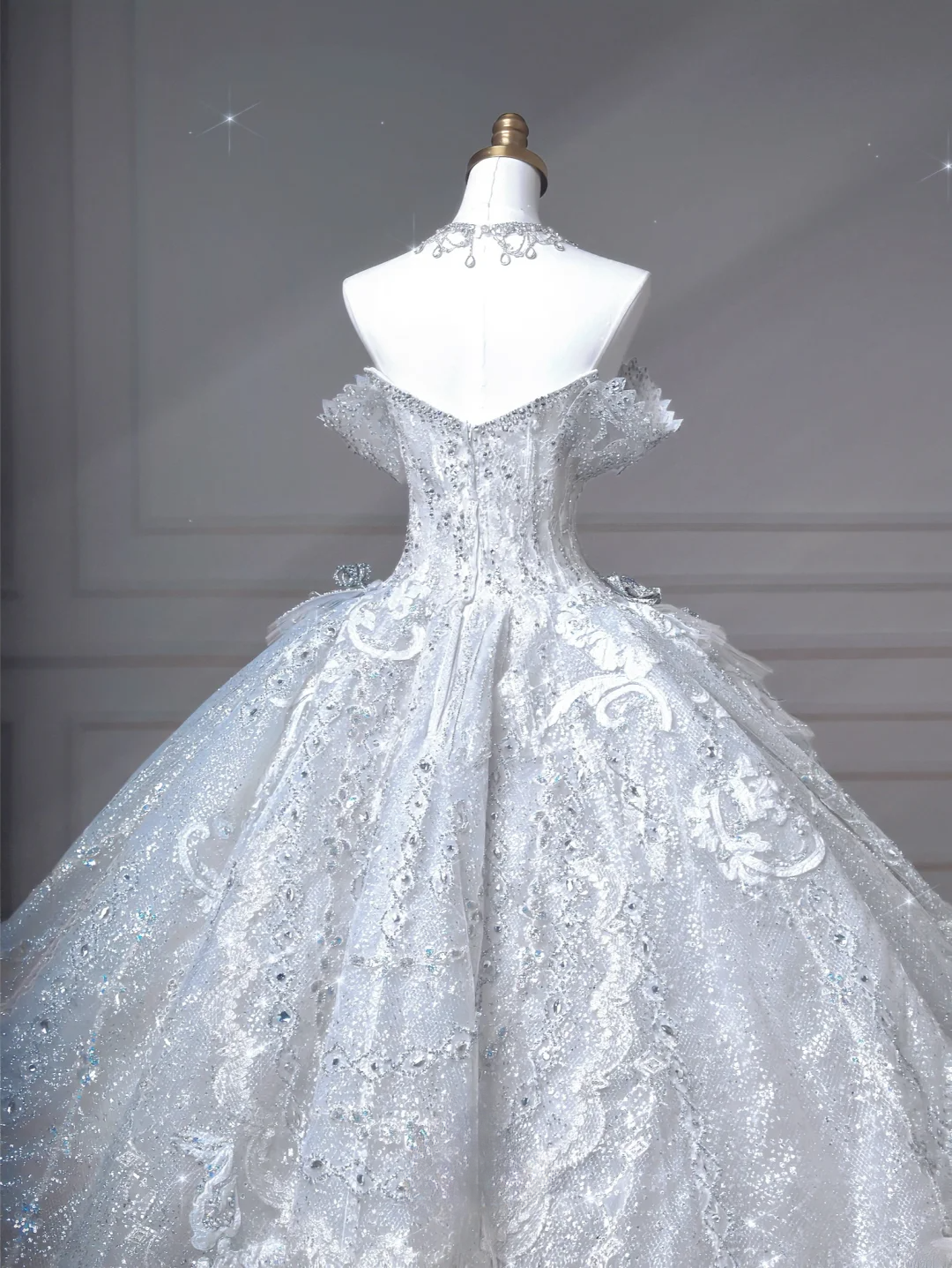 Timeless Ball Gown Off The Shoulder Light Blue Sequin Lace With Beaded Bodice Princess Wedding Dresses MP006